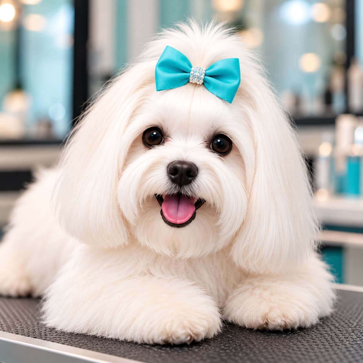 A freshly groomed white Maltese wearing a turquoise bow